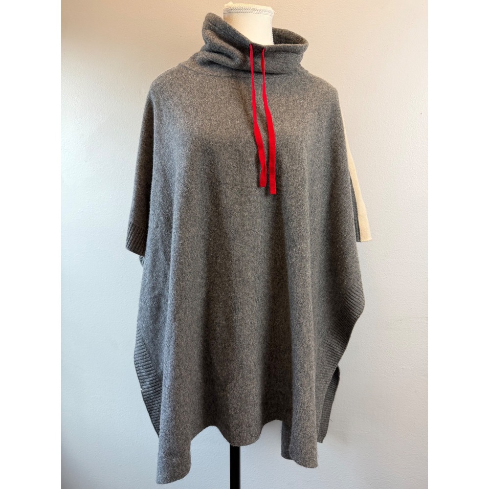 Tahari Merino Wool Cashmere Poncho Sweater Gray Red Stripe Cowl Neck One Size